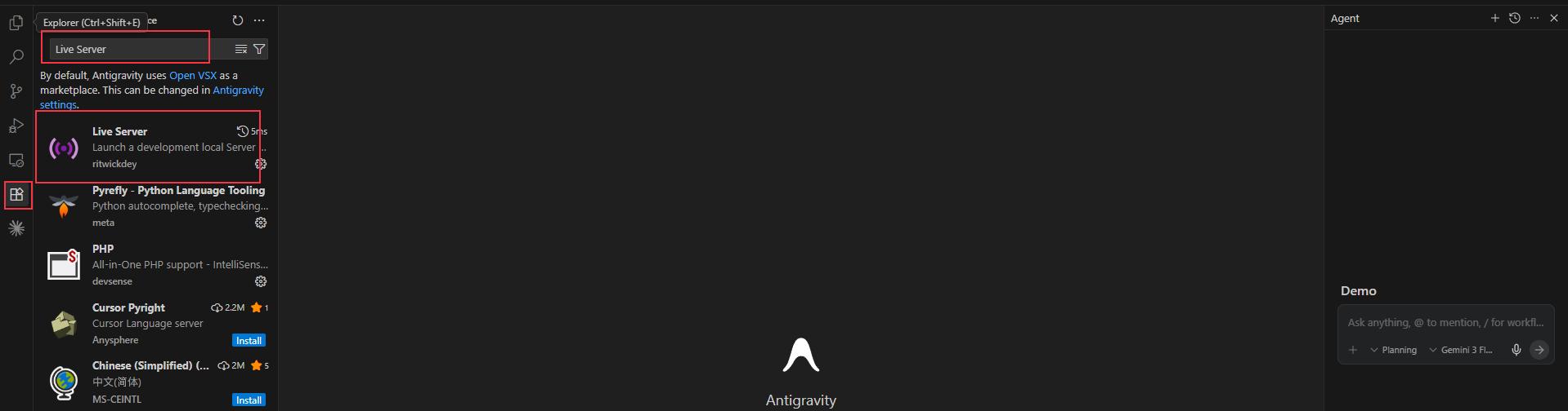 Antigravity IDE 安裝 Live Server 擴充功能示意圖